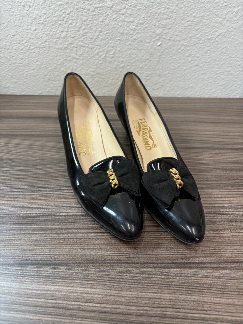 Salvatore Ferragamo Black Patent Leather Bow Pointed Toe Flats